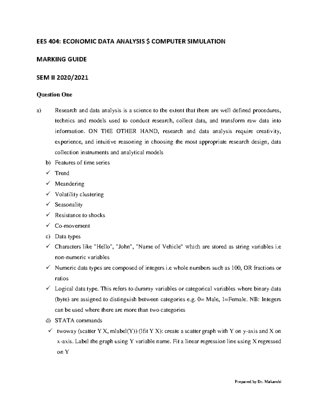 EES 404: Economic Data Analysis Computer Simulation Marking Guide SEM ...