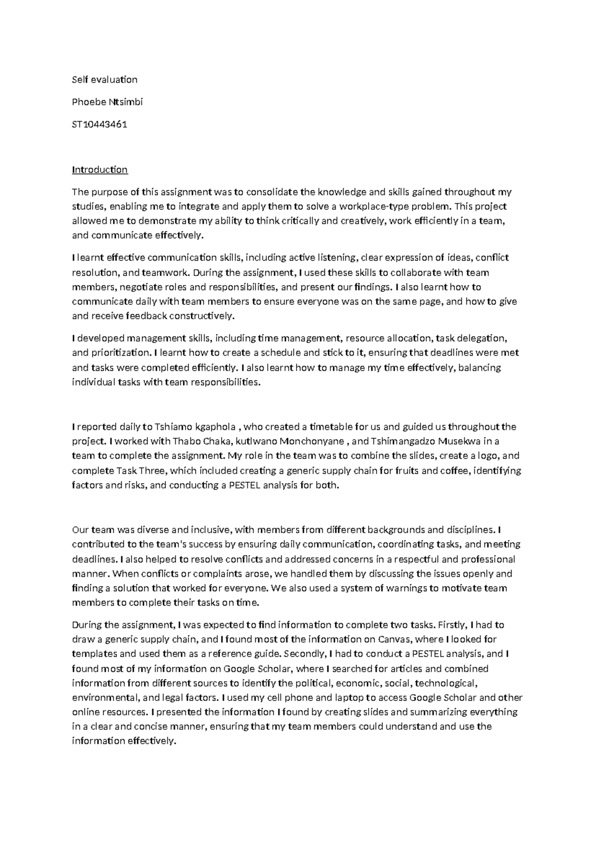 Self-Evaluation Report for WIL Assignment ST10443461 - Studocu