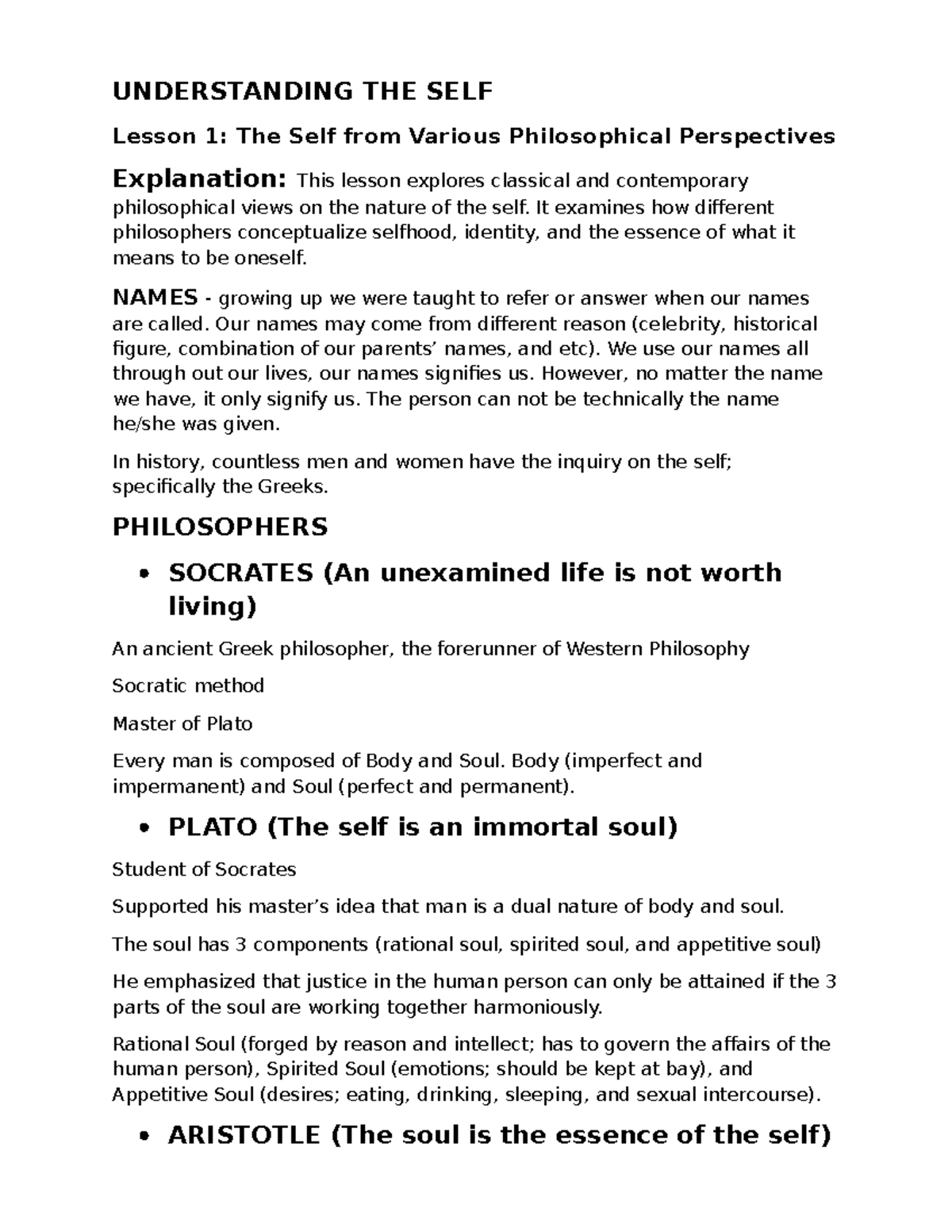 Understanding the Self: USELF Midterm Reviewer on Philosophical ...