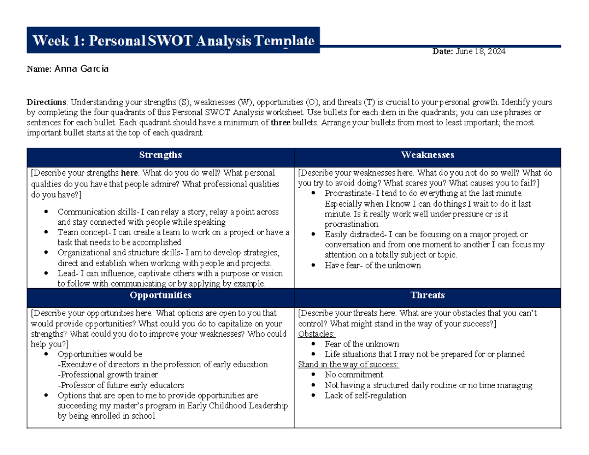 GEN 101 Personal SWOT Analysis Assignment Overview - Studocu