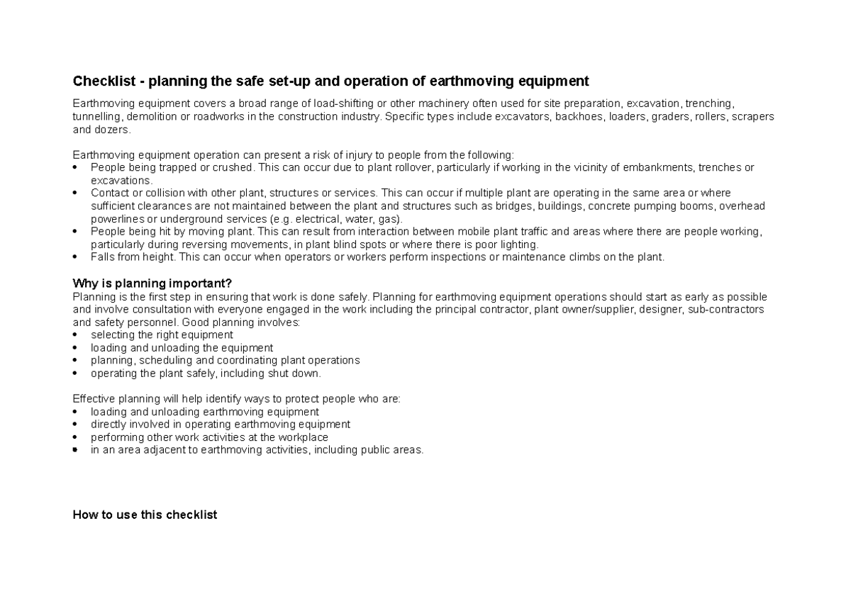 Earthmoving Equipment Safety Checklist for Construction Operations ...