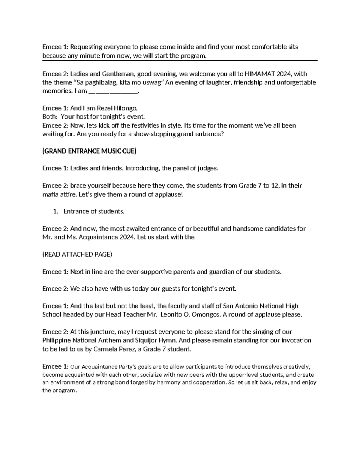 HIMAMAT 2024 Acquaintance Party Emcee Script for Event Hosting - Studocu