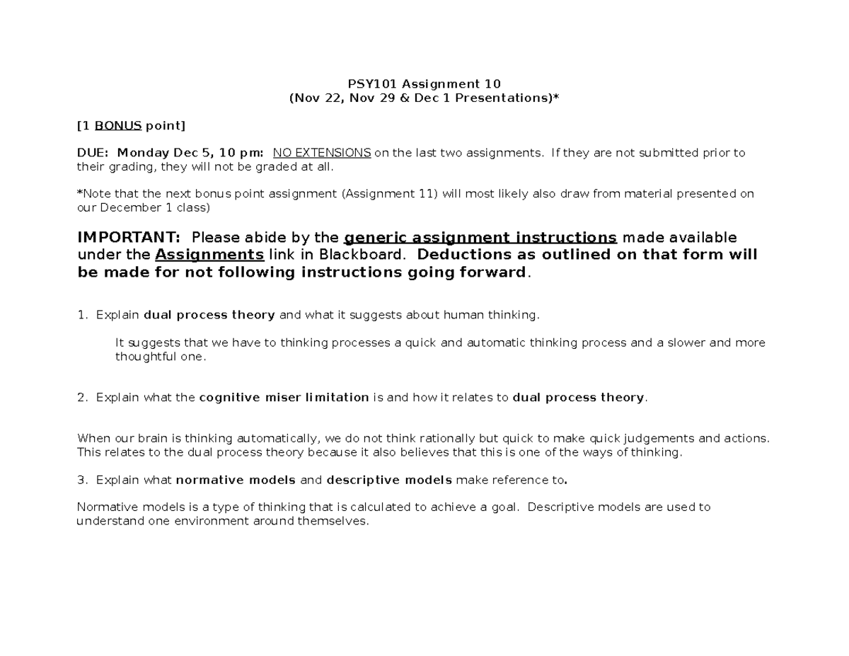 A10-F22 - PSY101 Week 10 Assignment on Dual Process Theory and ...