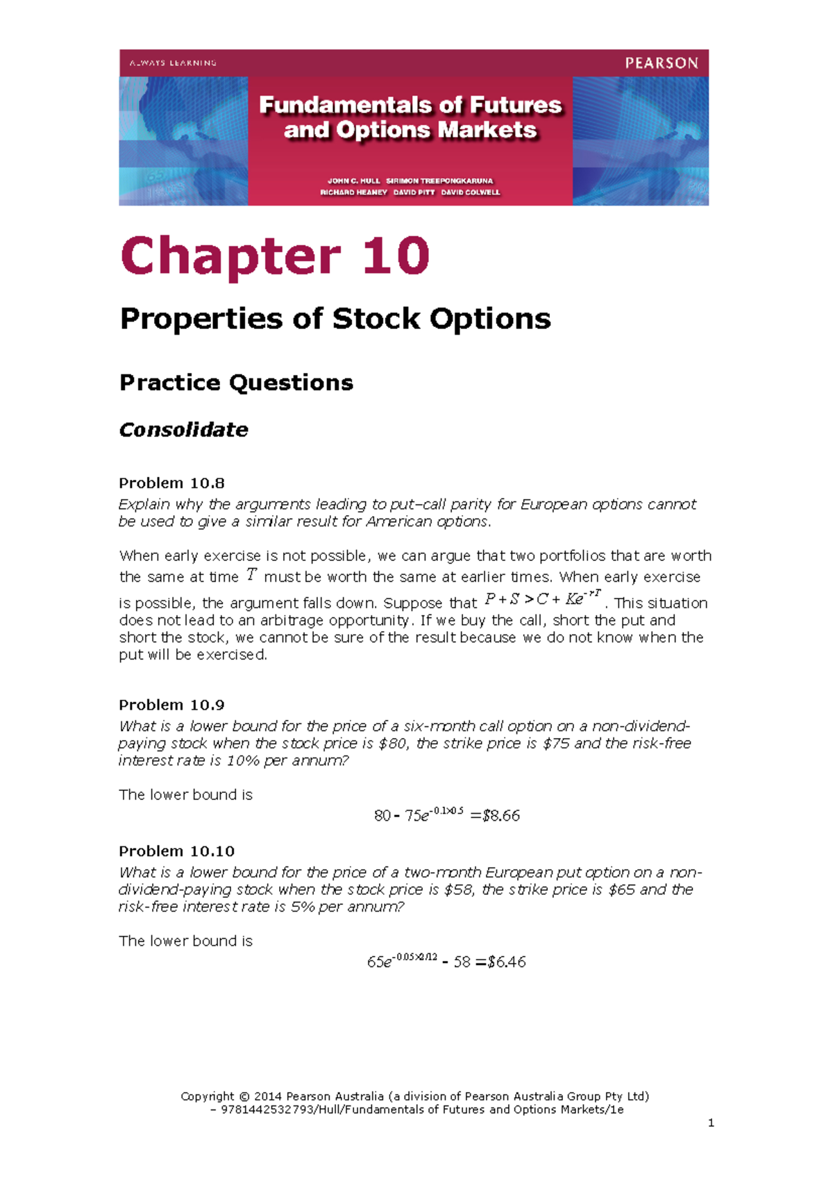 Chapter 10 Solutions - aaa - Chapter 10 Properties of Stock Options ...