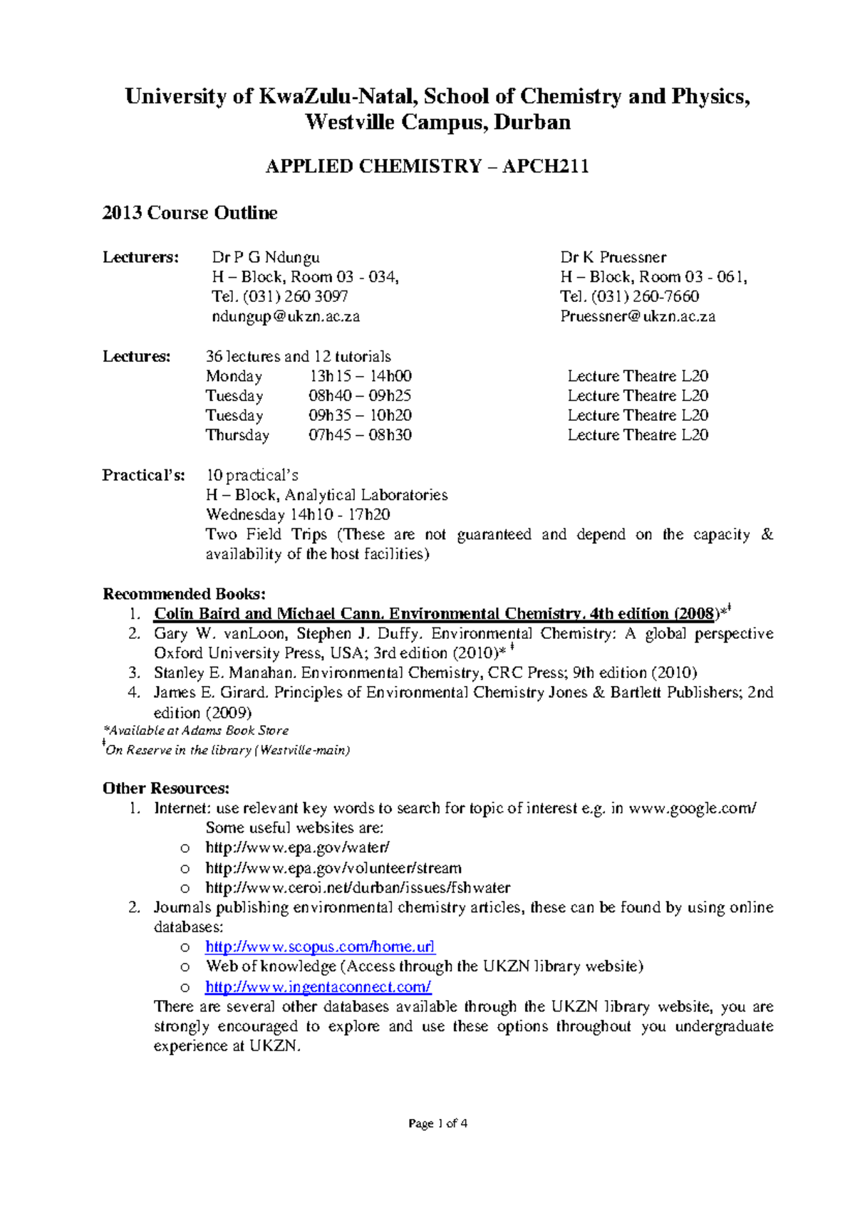APCH211 2013 Course Outline: Applied Chemistry Overview - Studocu