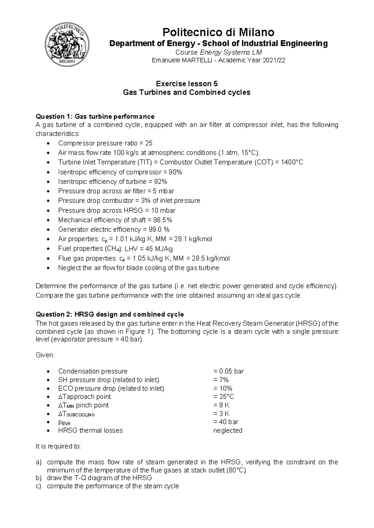 Gas Cycle & HRSG Performance Analysis - Energy Systems LM - Studocu