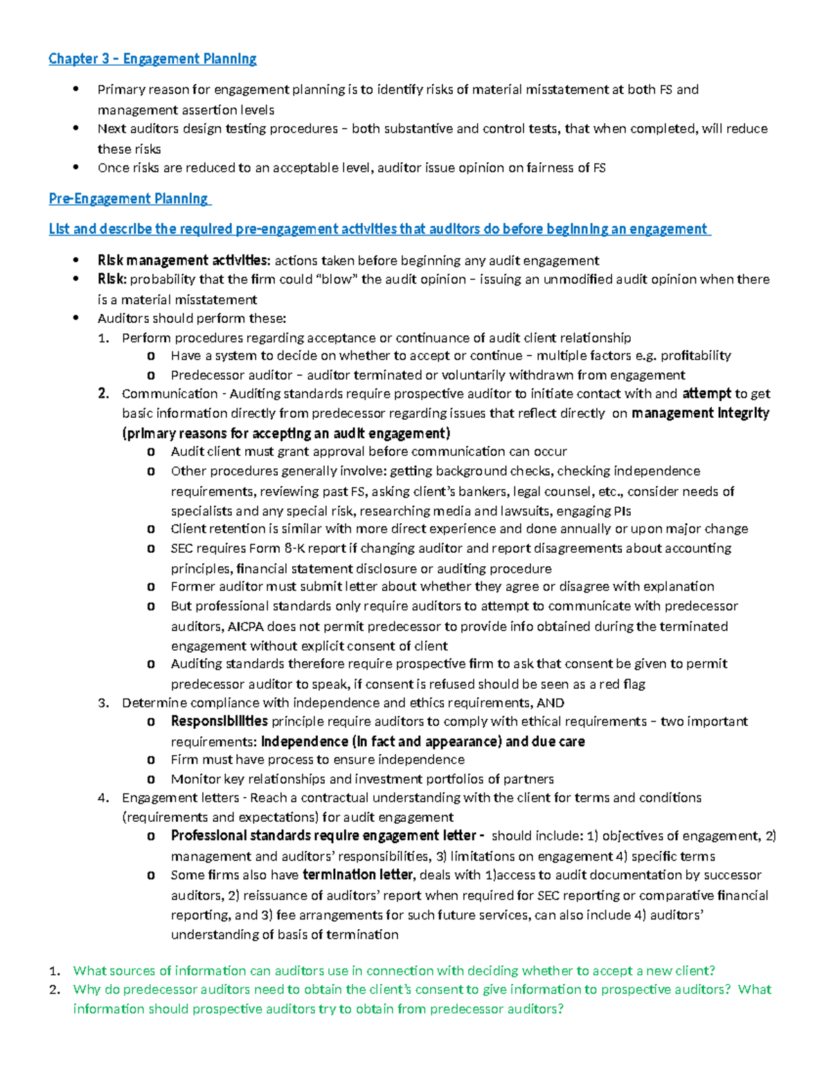 Chapter 3 Engagement Planning Notes - Chapter 3 – Engagement Planning ...