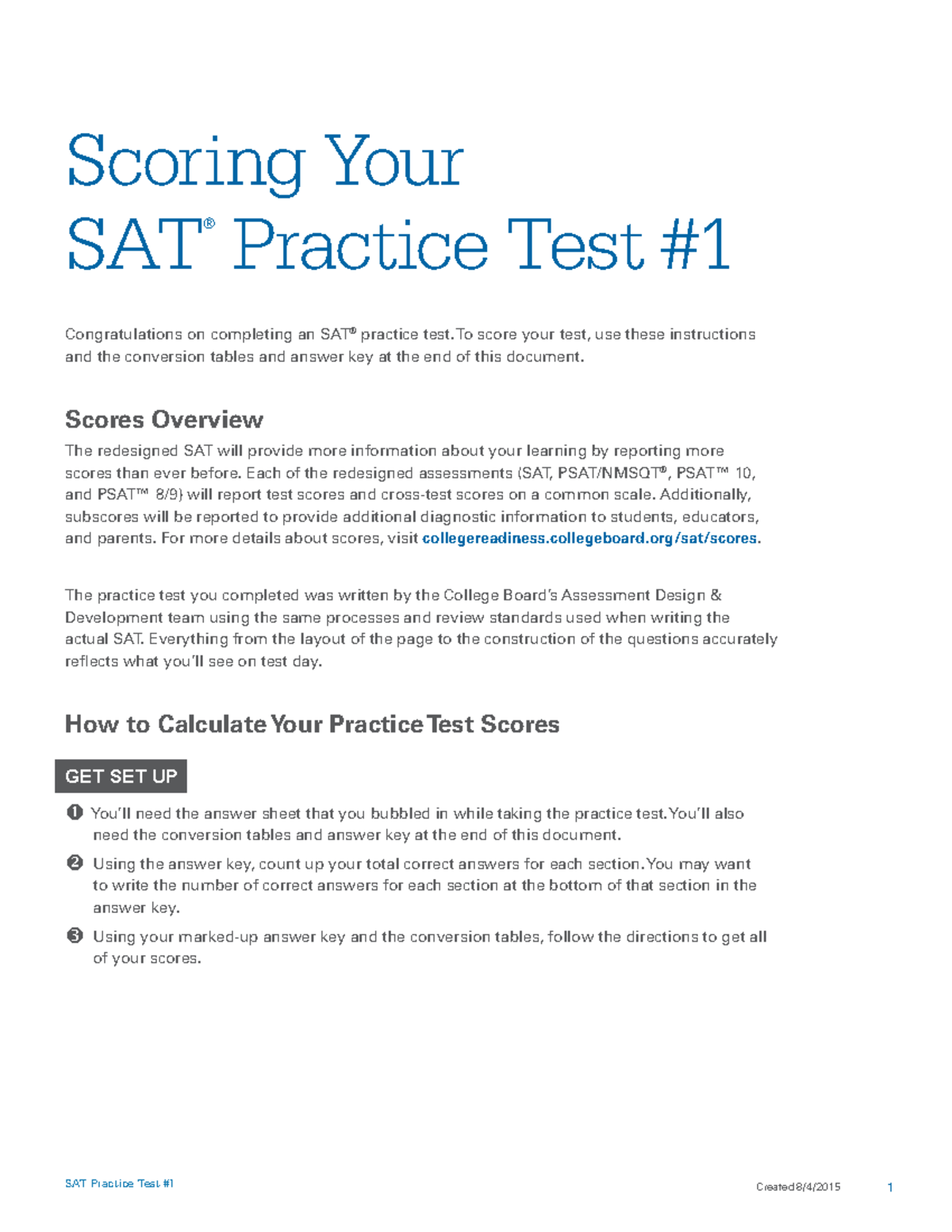 SAT Practice Test #1: Scoring Instructions and Overview Guide - Studeersnel