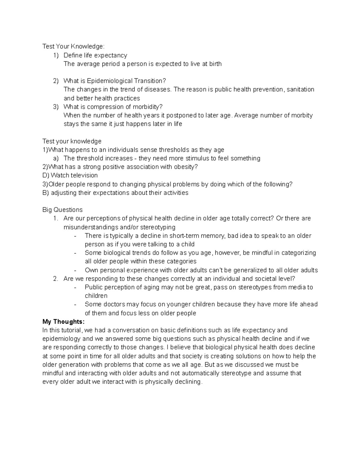 Health Sci 2711 Aging Tutorial Week 4: Key Definitions & Insights - Studocu