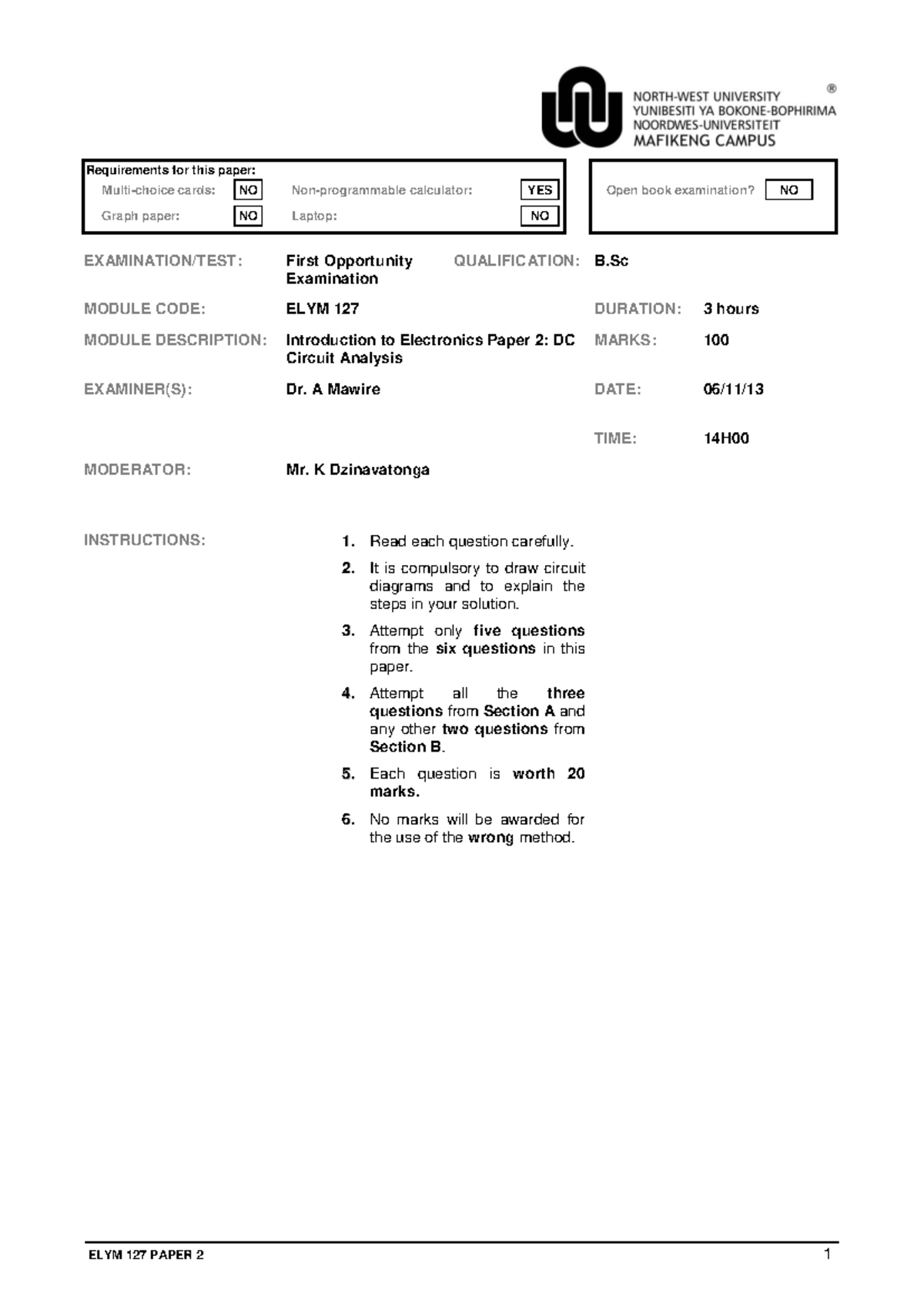 ELYM 127 First Opportunity Exam 2013: DC Circuit Analysis Paper 2 - Studocu