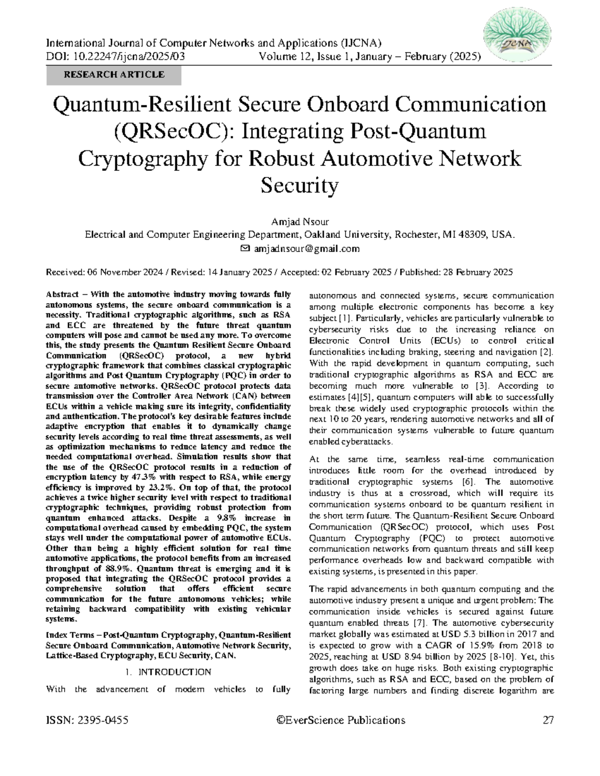 Secure Onboard Communication (QRSecOC) for Automotive Networks (IJCNA ...