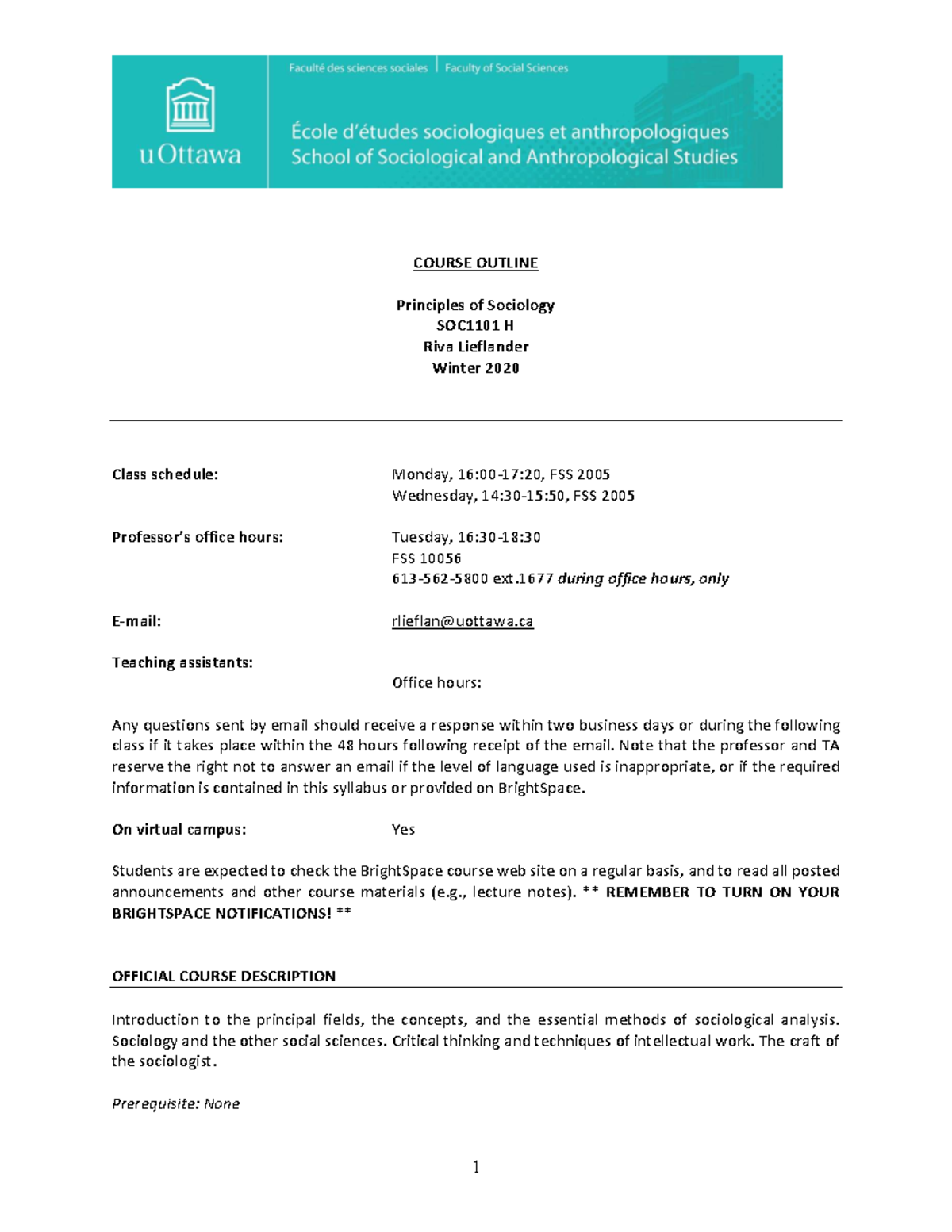 SOC1101 - Principles of Sociology Course Outline Winter 2020 - Studocu