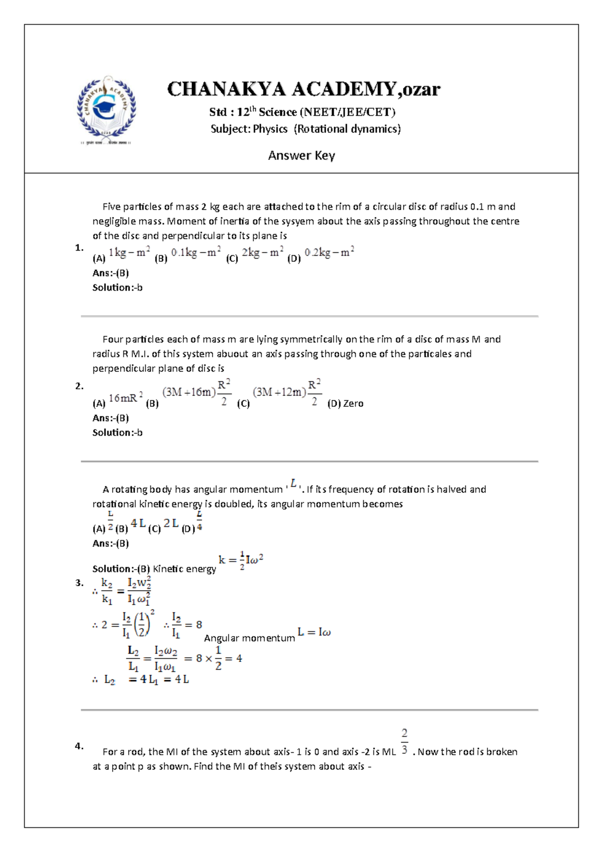 Ch 1 Solution Keys 2024 - NEET/JEE/CET Physics Practice - Studocu