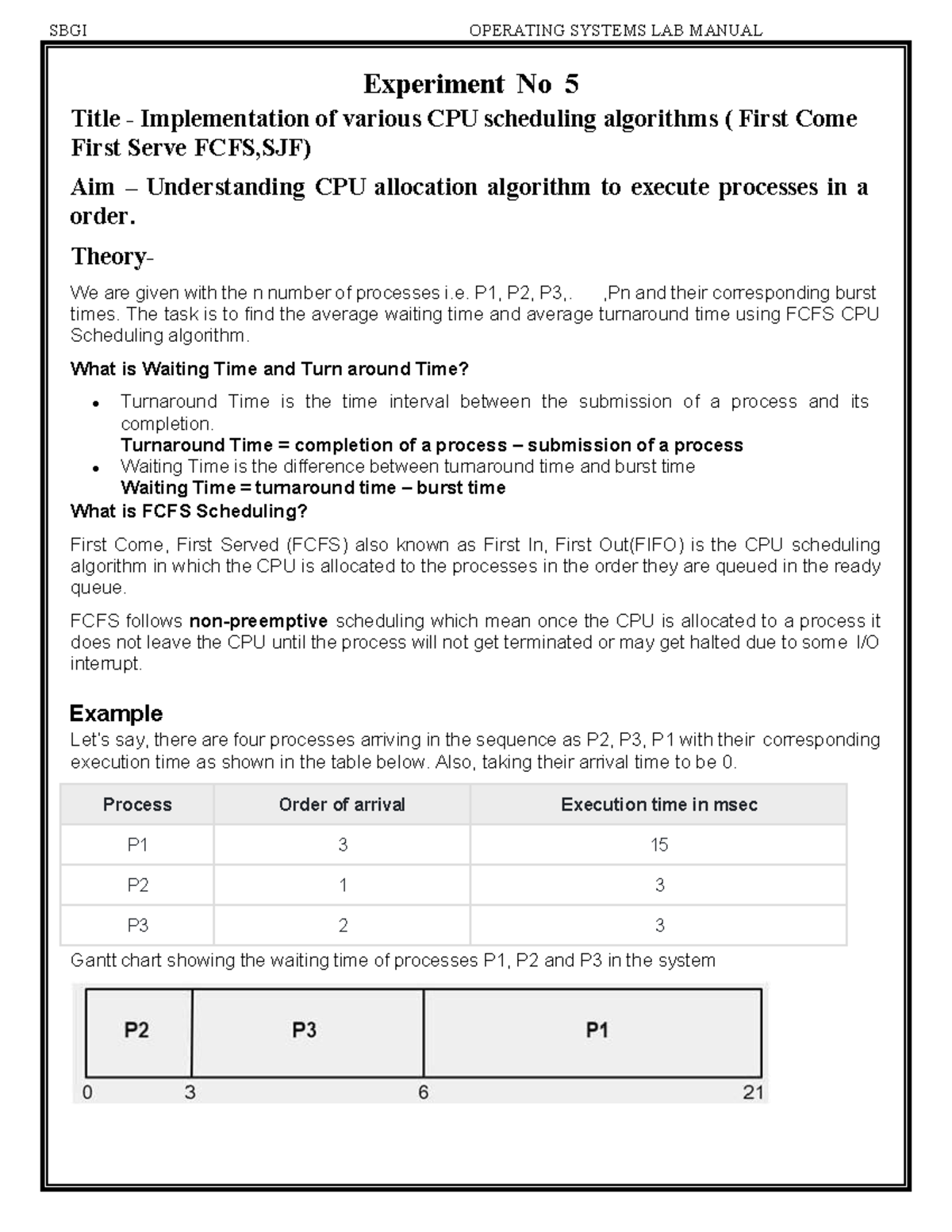 SBGI OPERATING SYSTEMS LAB MANUAL: CPU Scheduling Algorithms (FCFS, SJF ...