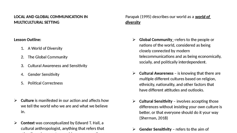 COMM 101: Local & Global Communication in Multicultural Settings Lesson ...