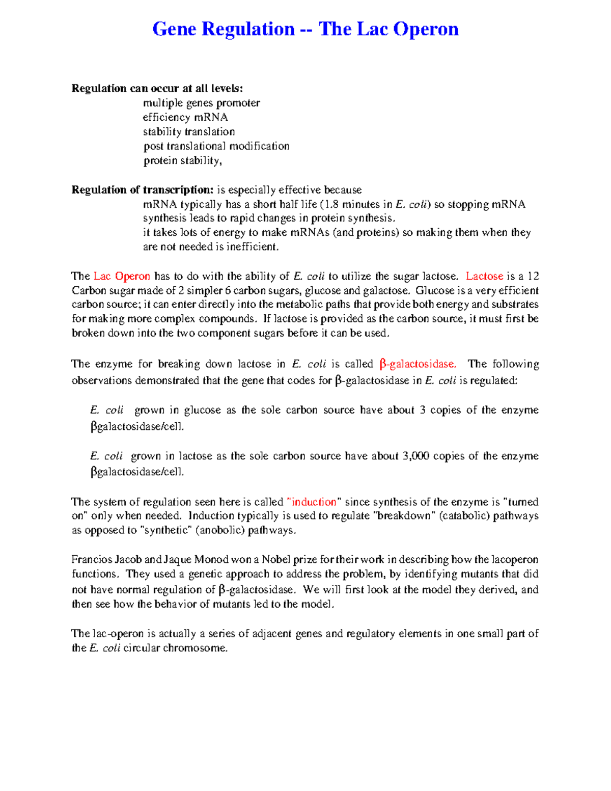 The Lac Operon: Gene Regulation in E. coli - Studocu