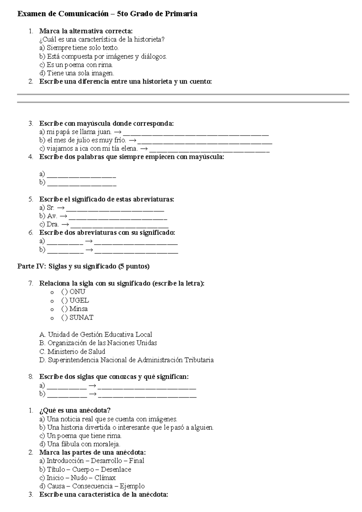 Examen de Comunicación 5to Grado - Actividades y Preguntas - Studocu