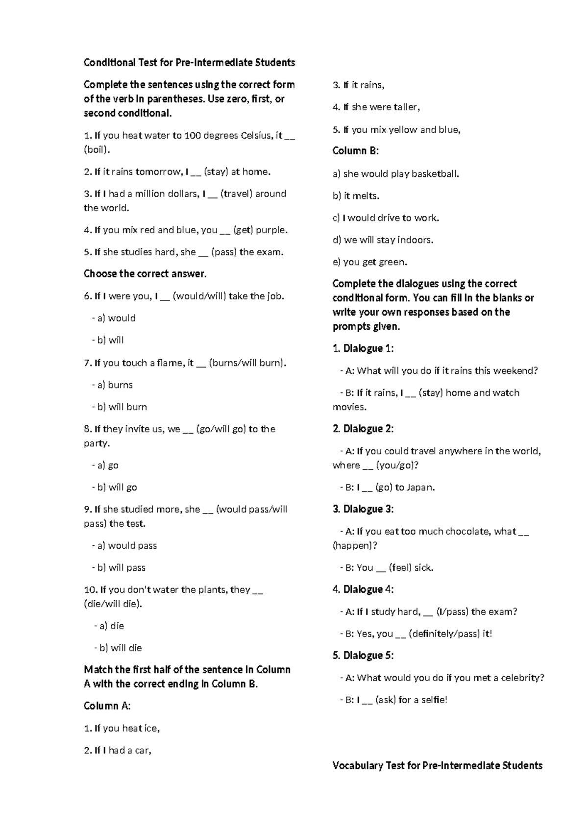 Conditional Test for Pre Unit 5: Complete the Sentences - Studocu