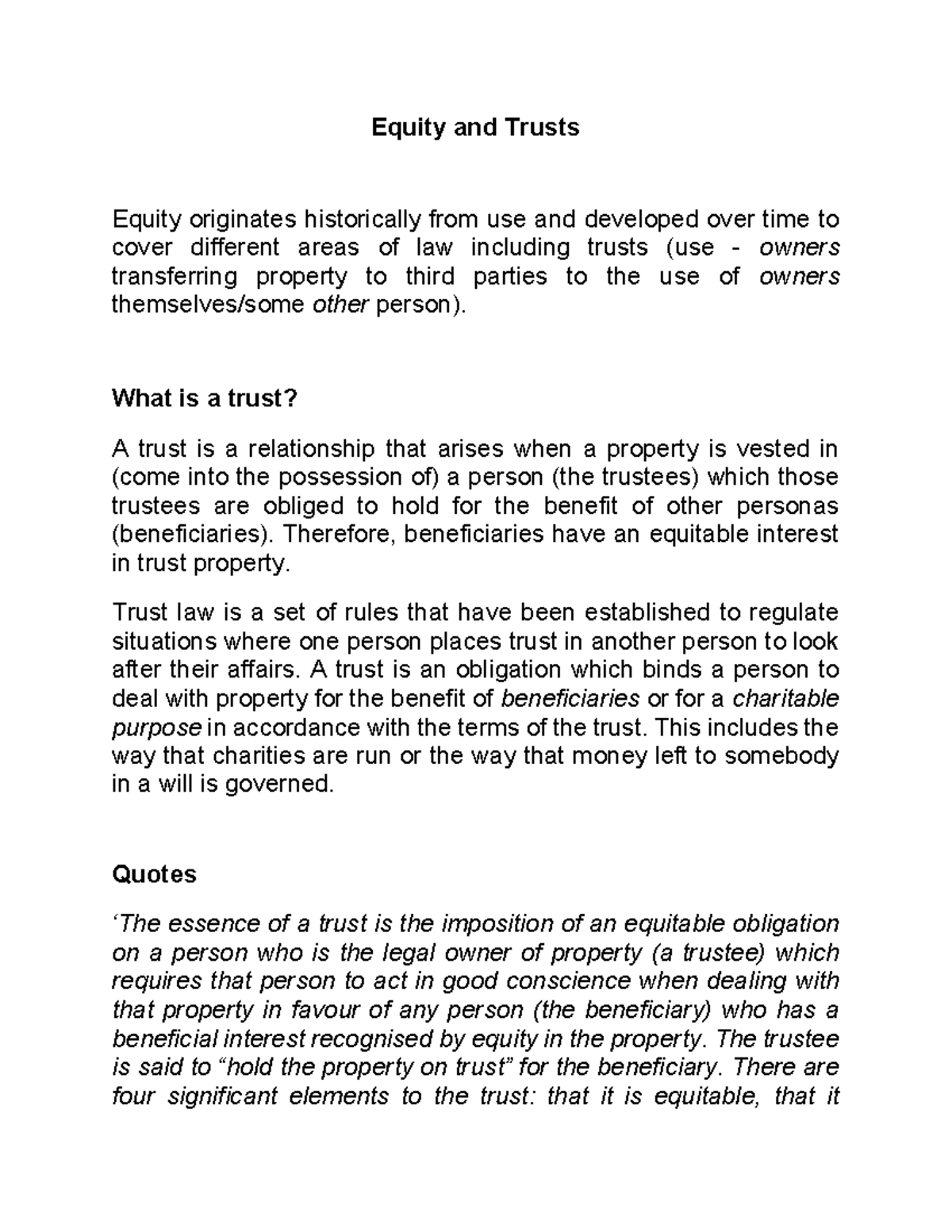 Equity and Trusts (LAW101): Overview of Trust Law Principles - Studocu