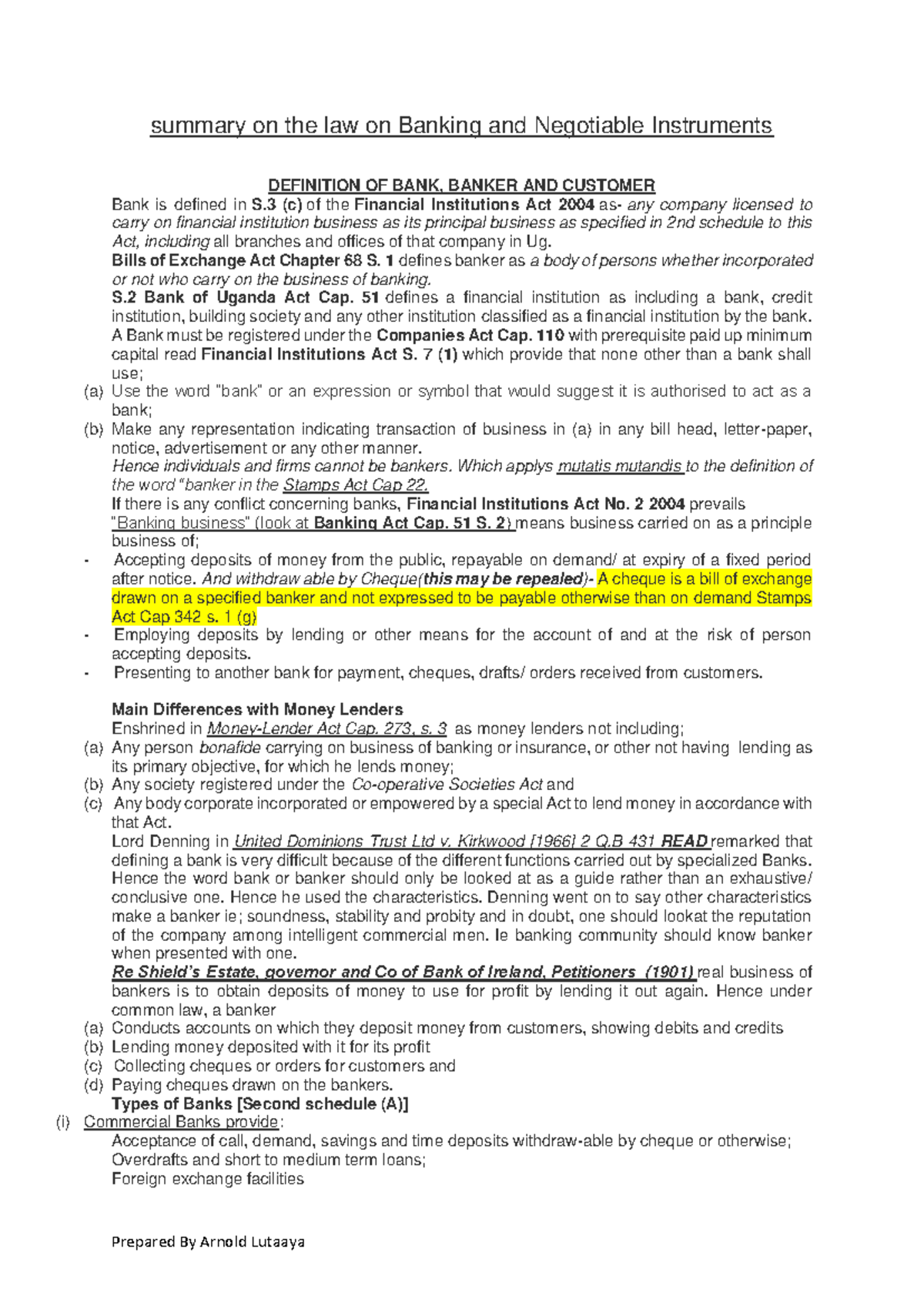 Law on Banking & Negotiable Instruments - Summary Notes (Course Code ...