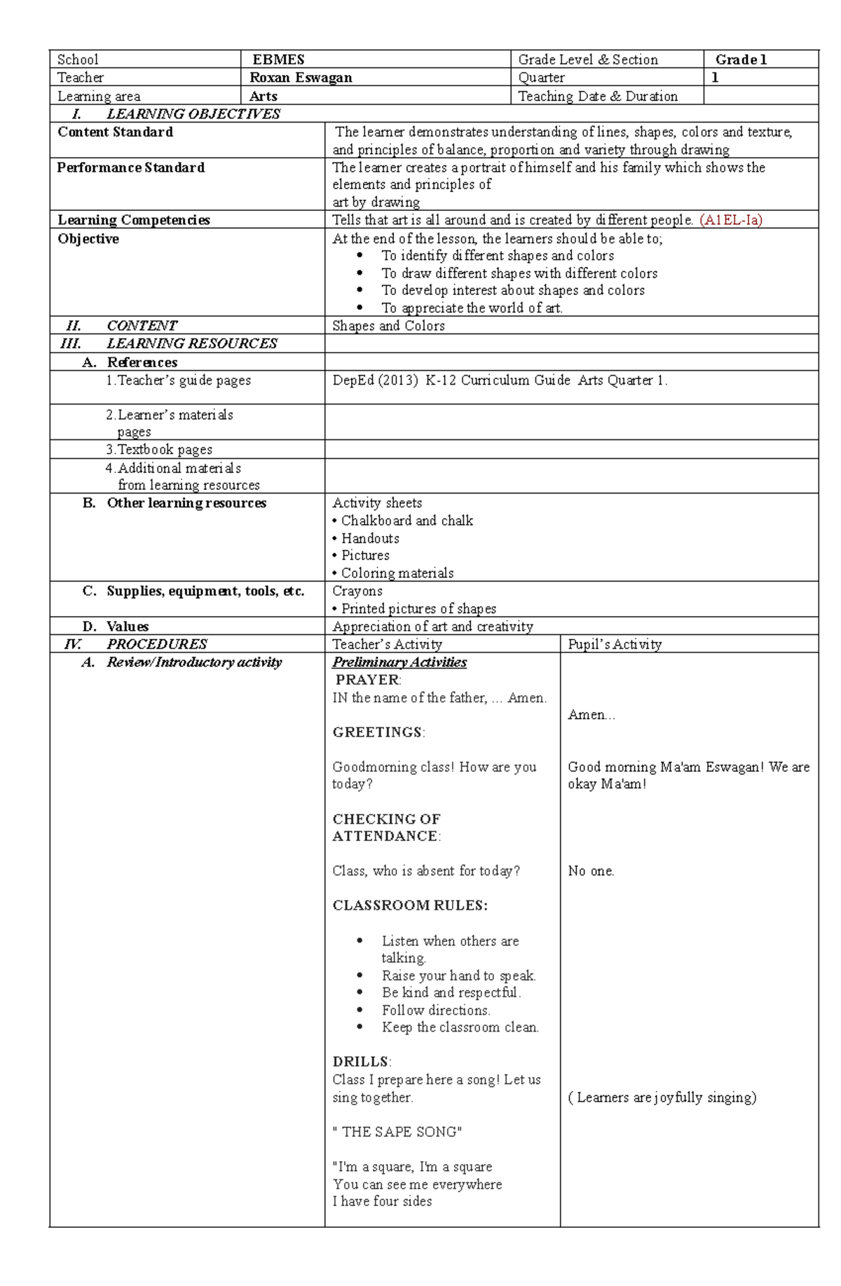 Grade 1 Arts Lesson Plan: Shapes & Colors (Quarter 1) by Roxan Eswagan ...