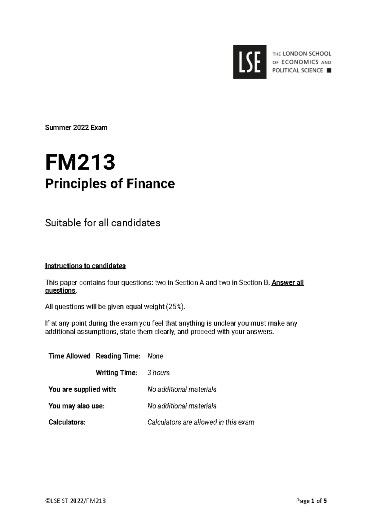 FM213 Summer 2022 Exam - Worked Solutions & Key Concepts - Studocu