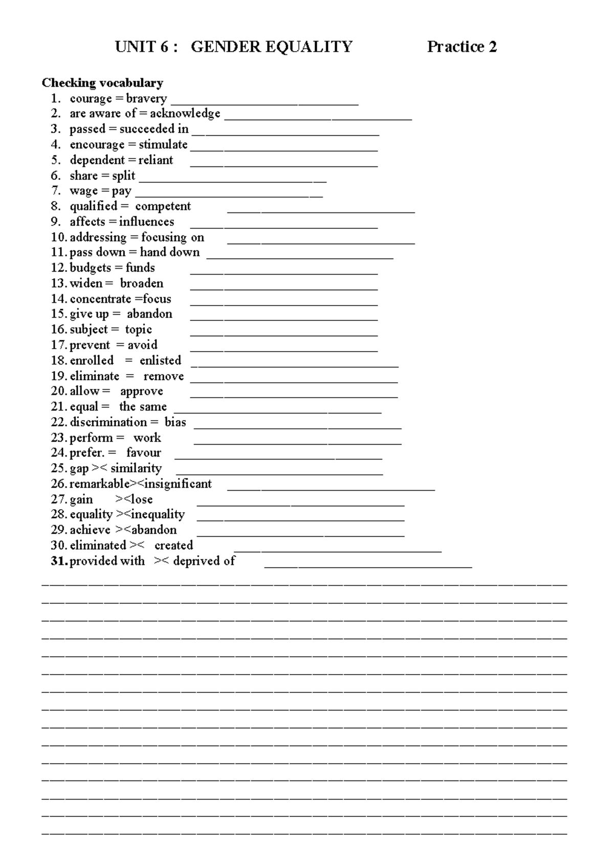 UNIT 6: GENDER EQUALITY - Vocabulary & Practice 2 - Studocu