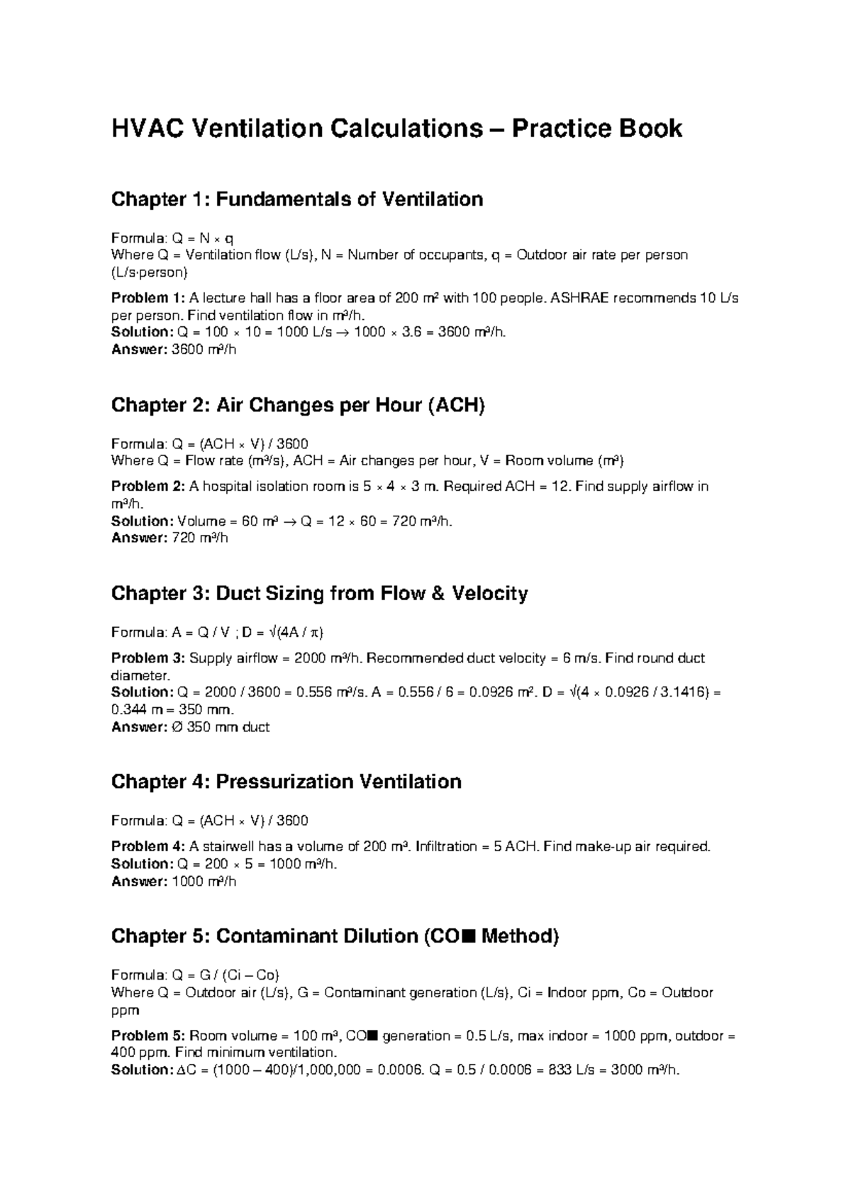 HVAC 101: Ventilation Calculations Practice Book - Chapter 1 to 5 - Studocu