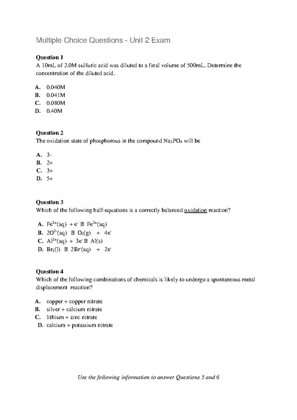 Year 11 Chemistry Unit 2 Exam: Multiple Choice & Short Answer Questions ...