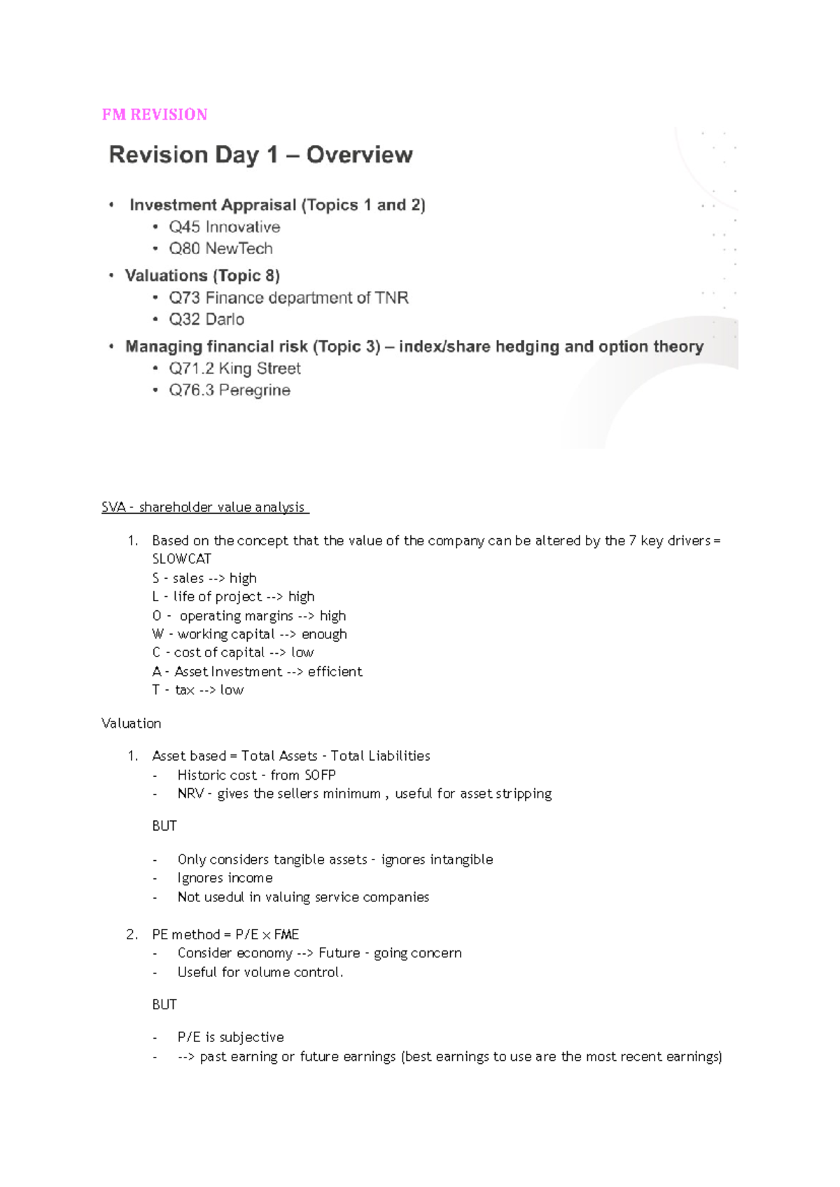 FM Revision Notes - Key Concepts on Shareholder Value Analysis - Studocu