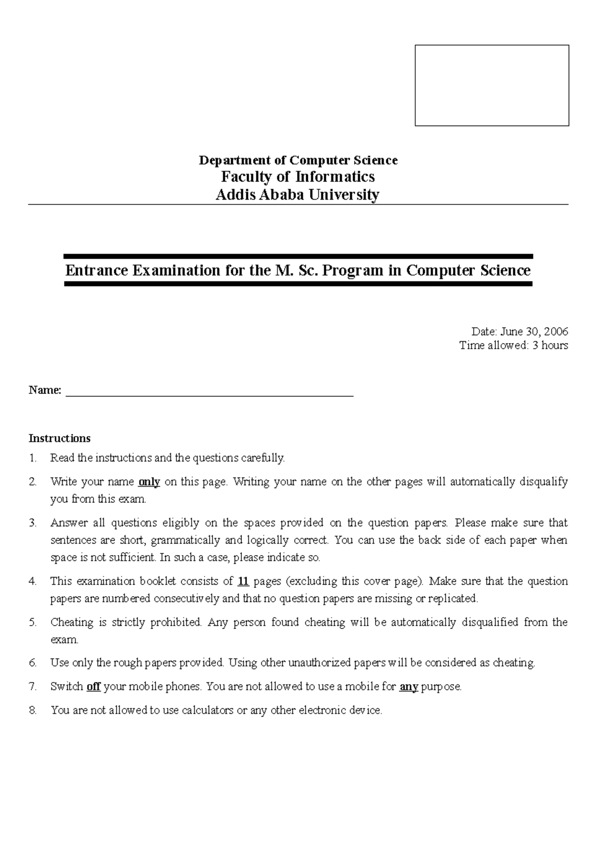 2006 A - M.Sc. Entrance Exam for Computer Science - AAU - Studocu