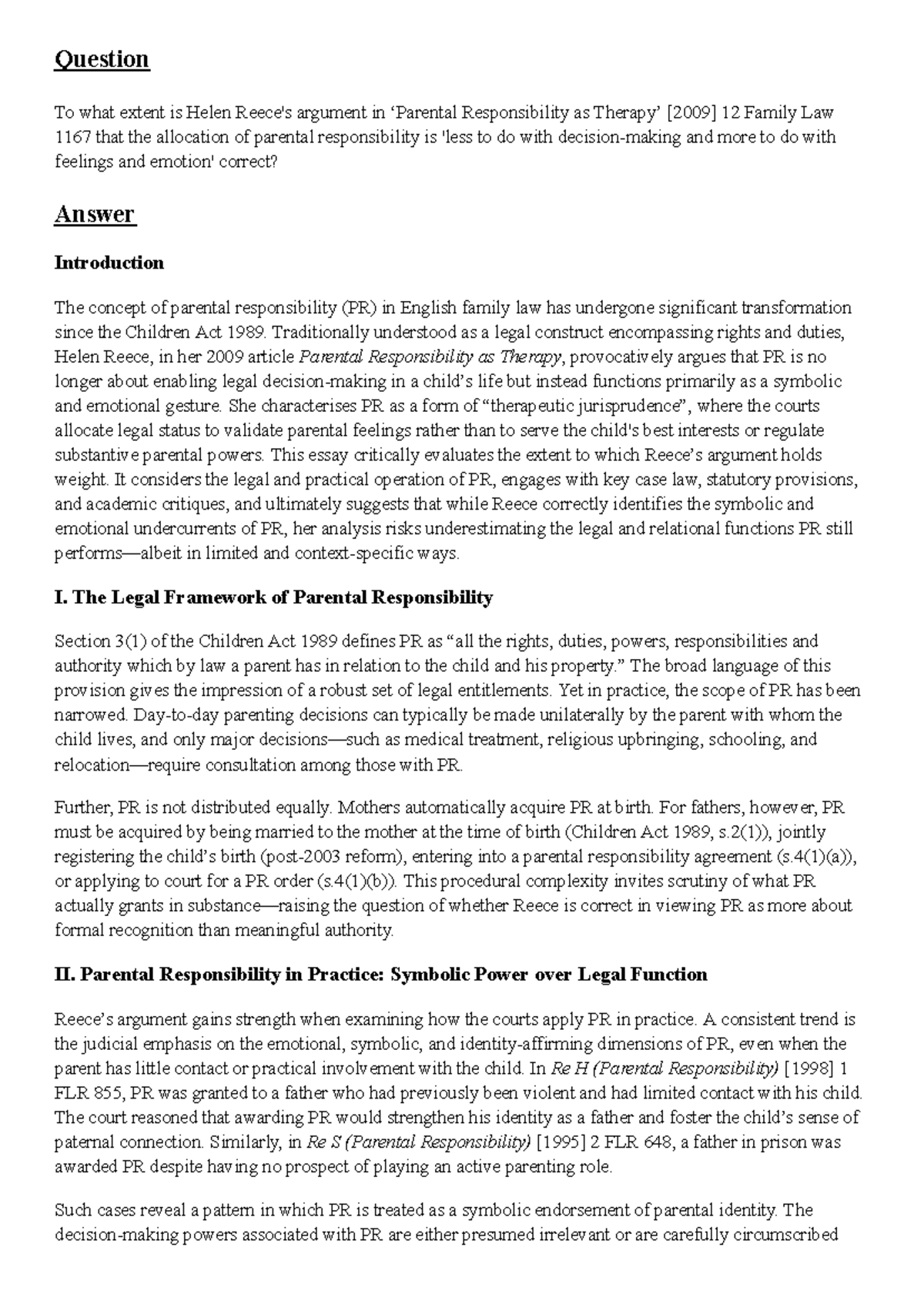 Parental Responsibility Essay: Evaluating Helen Reece's Argument in 12 ...