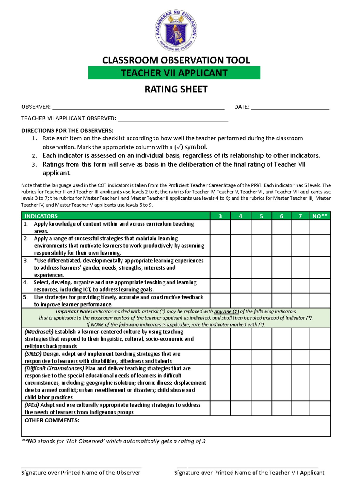 COT Rating Sheet for Teacher VII Applicants - Studocu