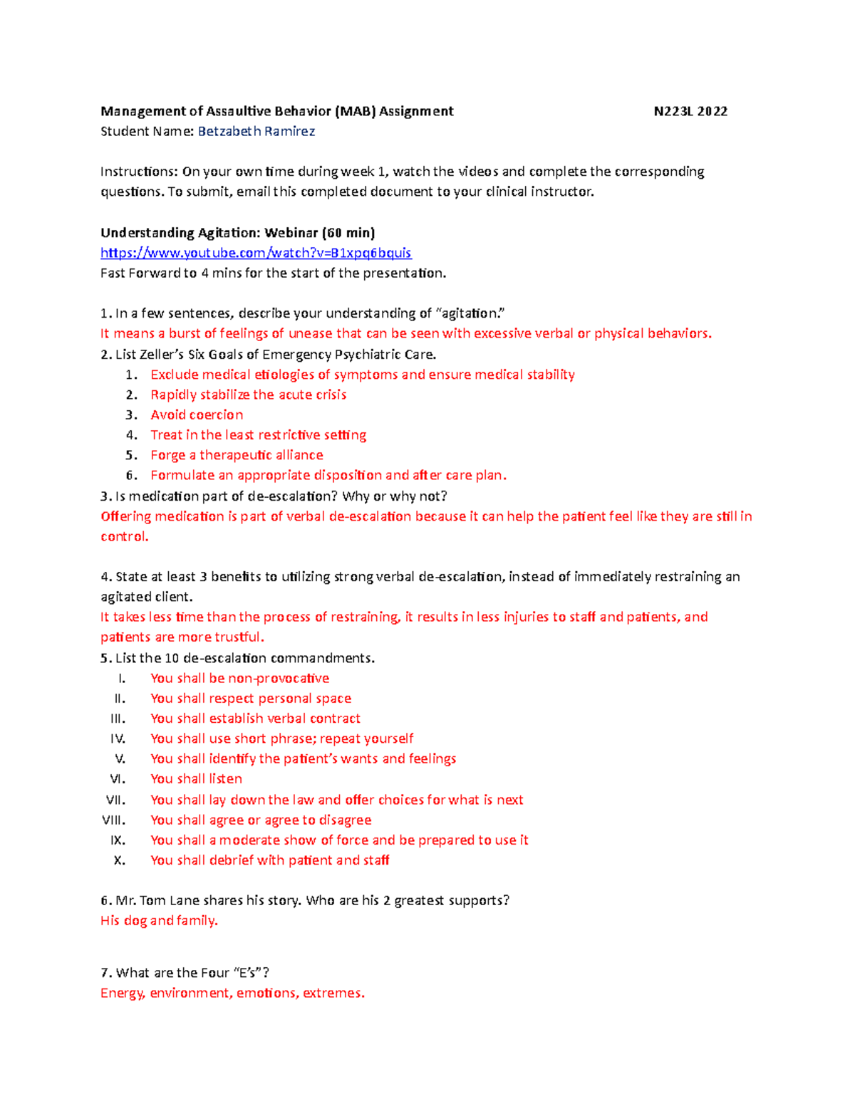 NURS 223L MAB Assignment - Management of Assaultive Behavior (MAB ...