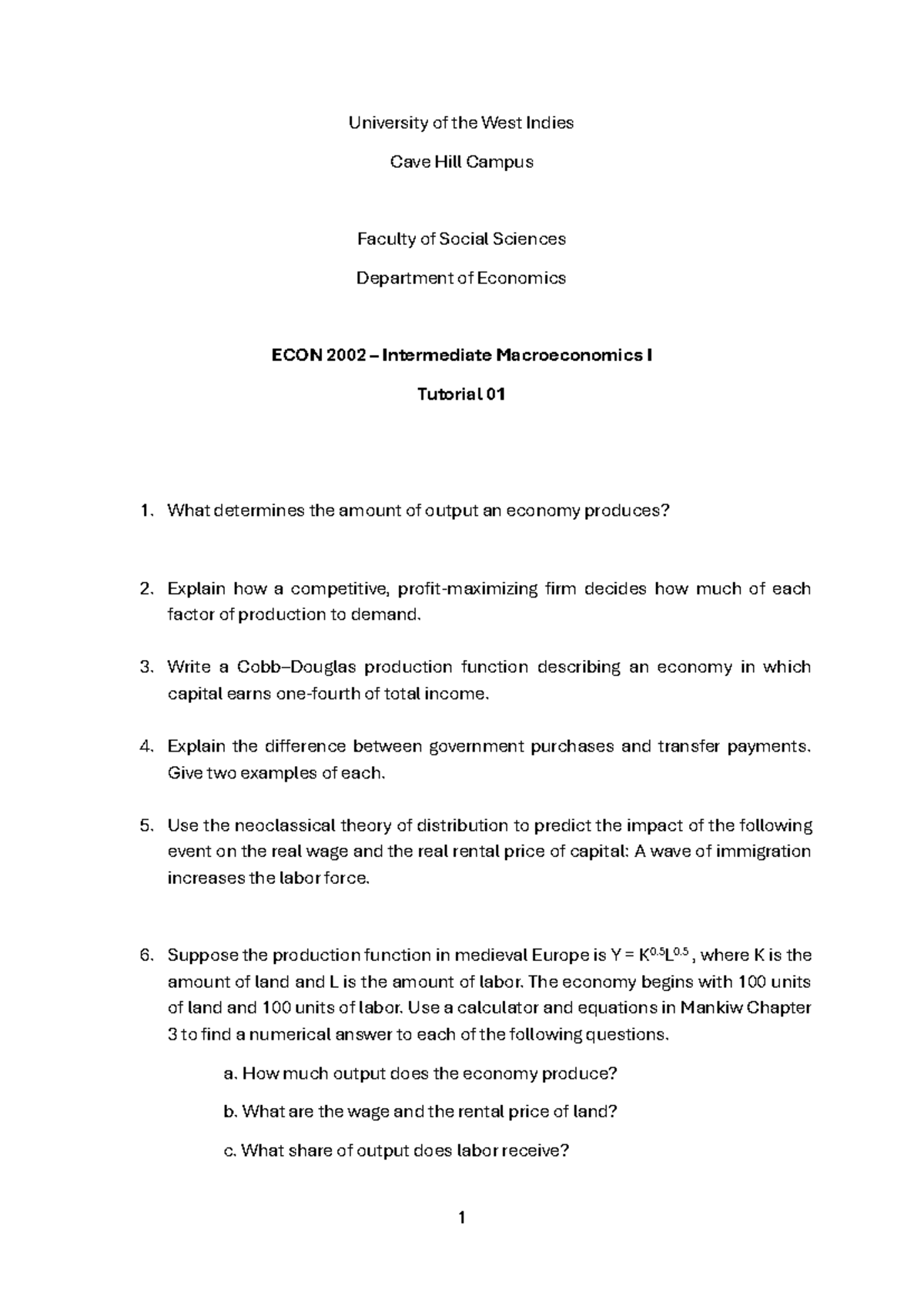 ECON 2002 - Intermediate Macroeconomics I Tutorial 01 Notes - Studocu