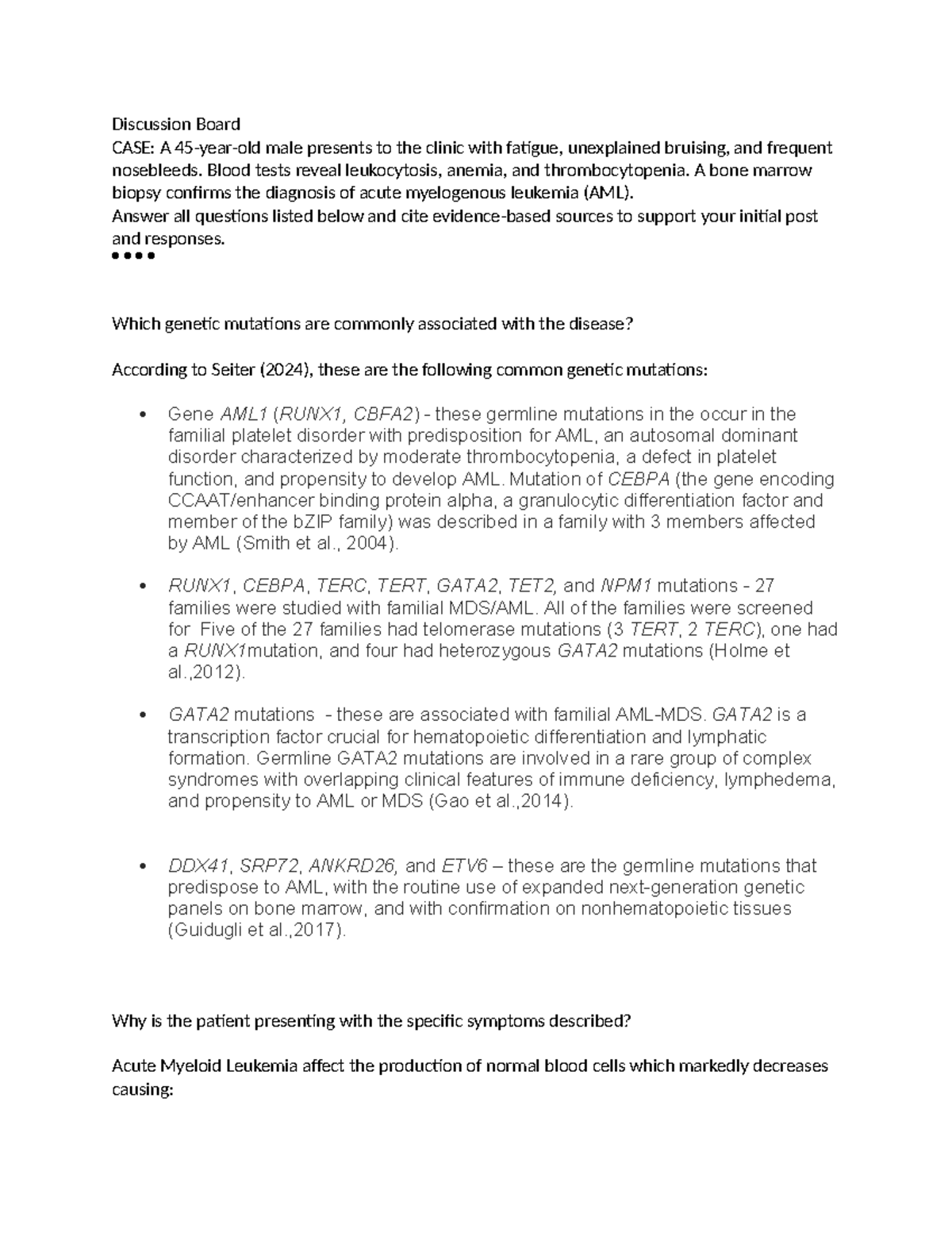 AML1 - Discussion Board on Acute Myeloid Leukemia (AML) Case Study ...