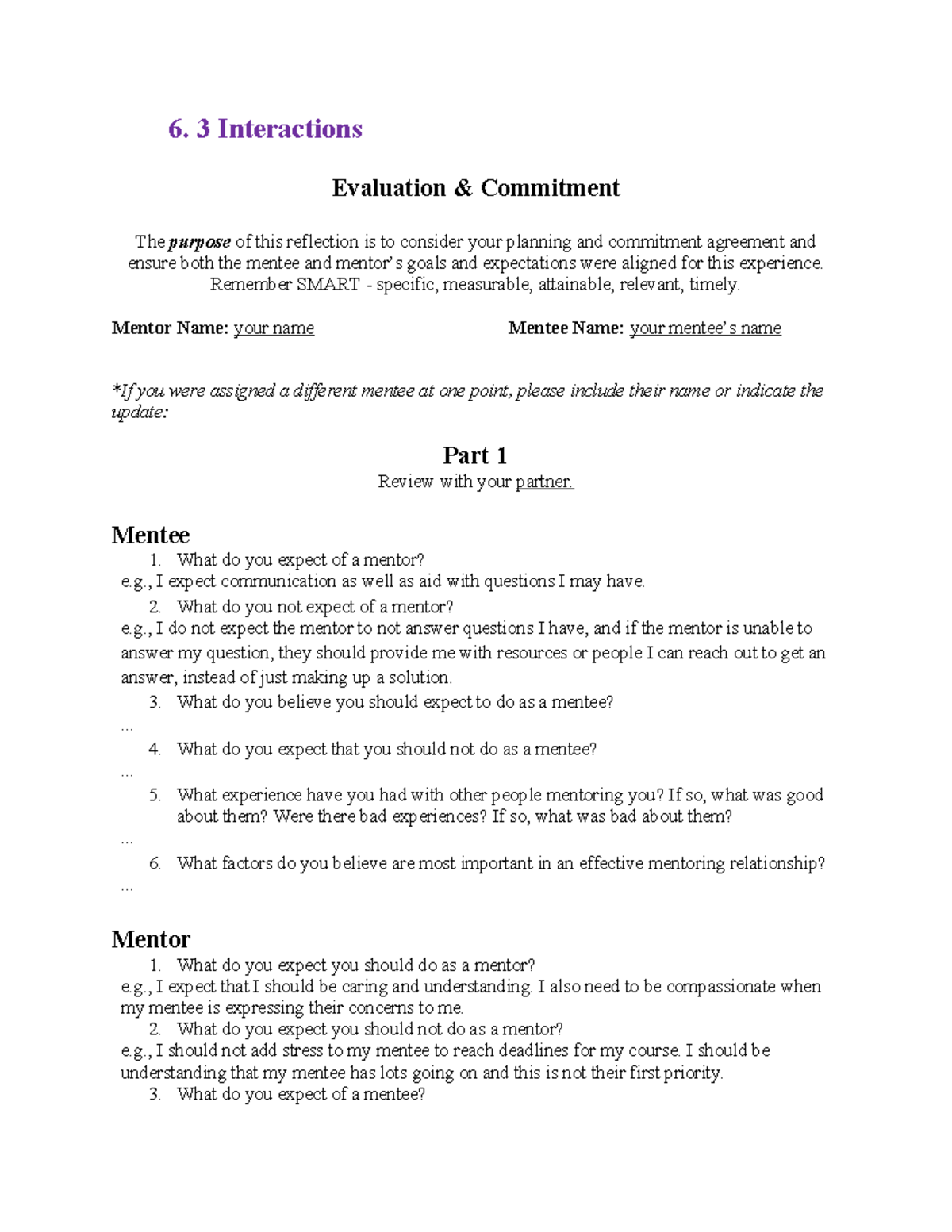 Interactions Evaluation Commitment Reflection for Mentoring Program ...