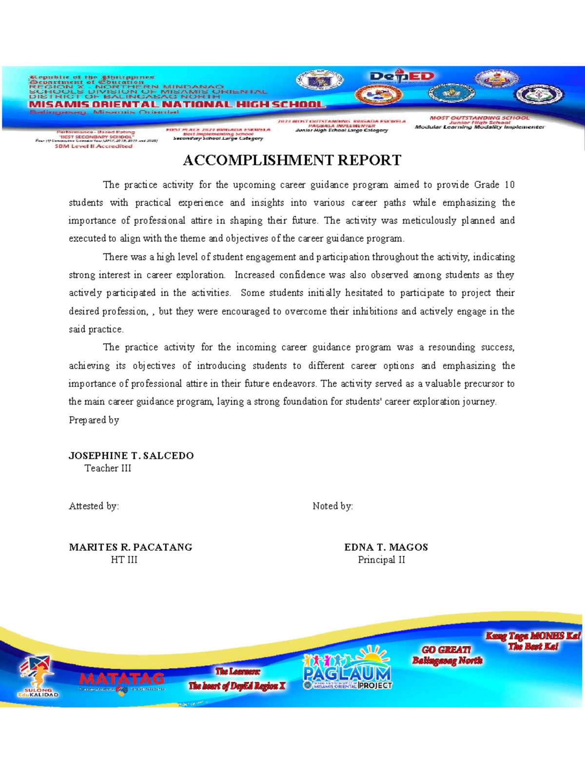 Career Guidance Program Accomplishment Report for Grade 10 - Studocu