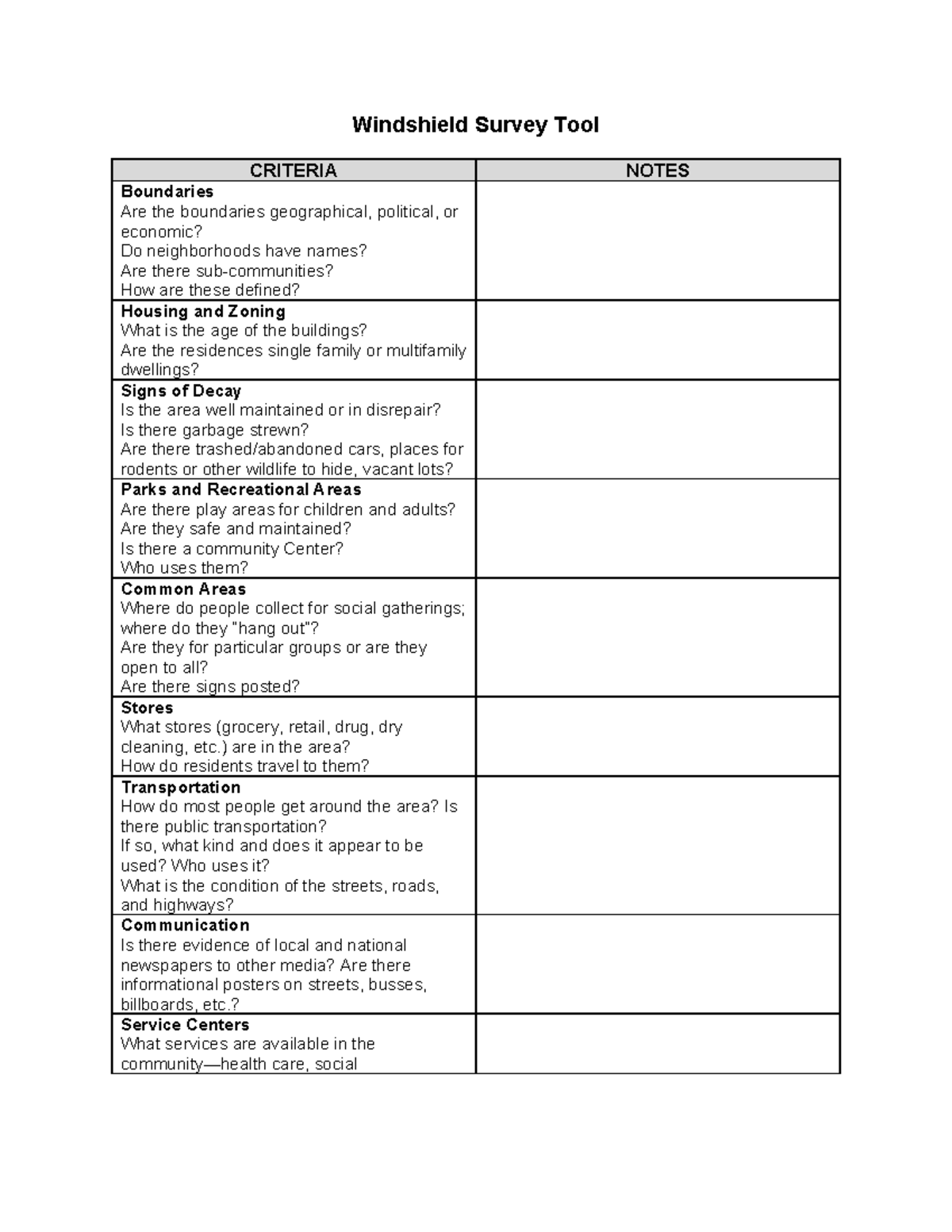 Windshield Survey Tool & Psychosocial Assessment Notes - CRITERIA - Studocu