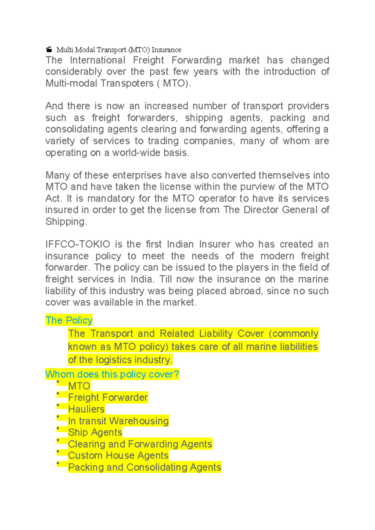 Iffko Tokio MTO Ins Details - Multi Modal Transport (MTO) Insurance The ...