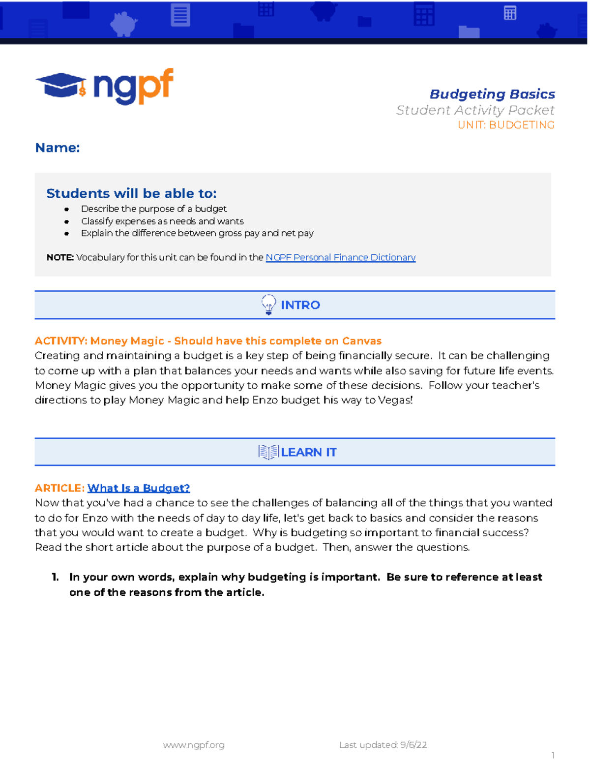 RSp 25 Budgeting Basics Student Activity Packet - Budgeting Basics ...