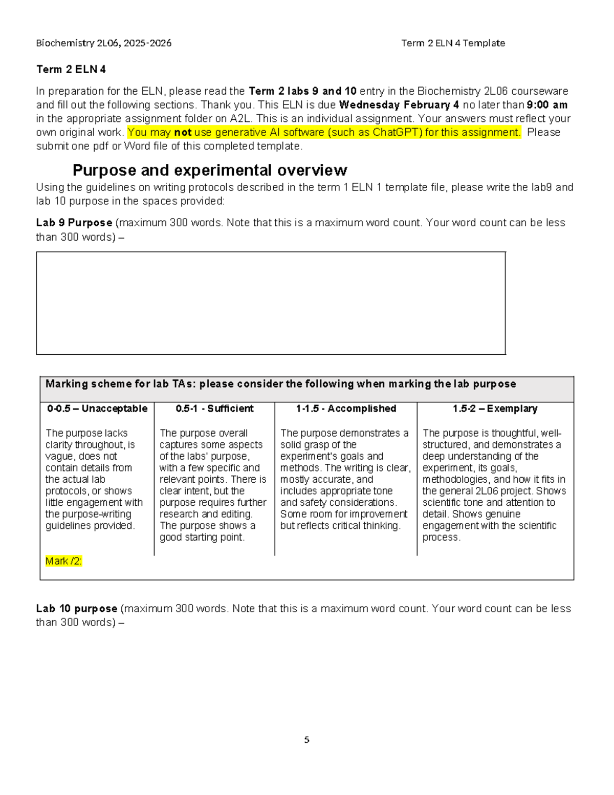 Biochemistry 2L06, Term 2 ELN 4 Template for Labs 9 & 10 - Studocu