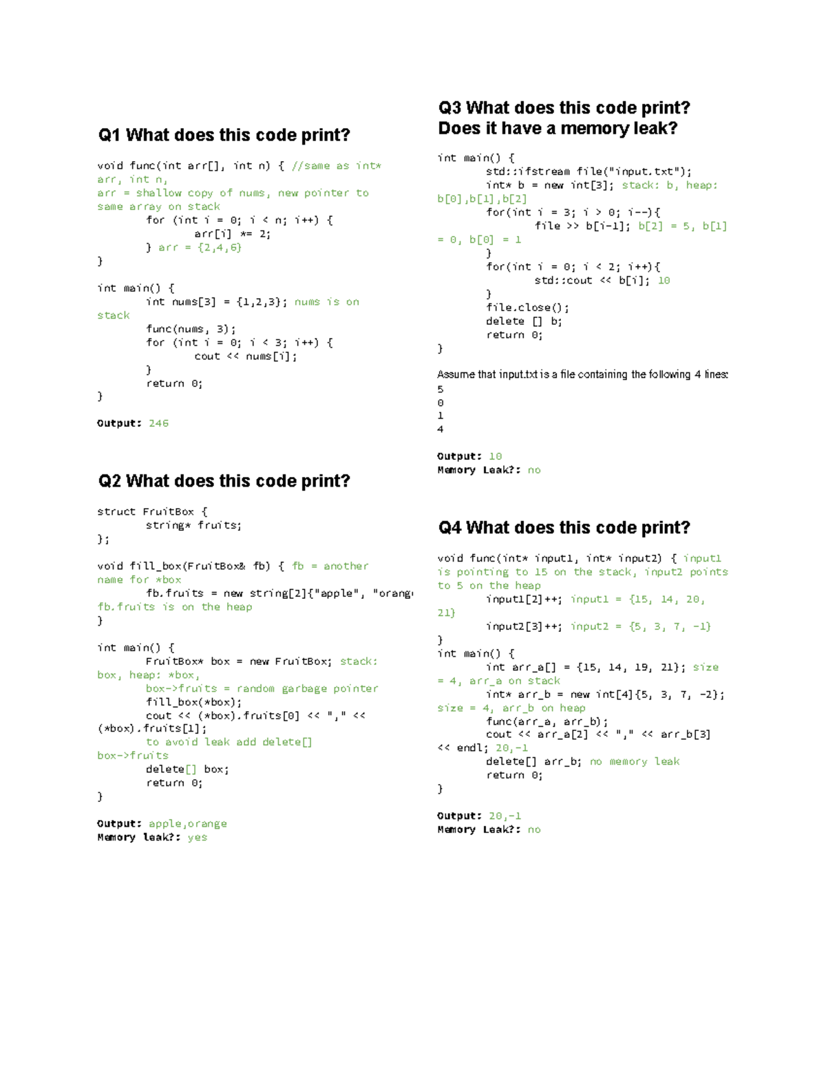 Csce 120 Cheat Sheet 3 - Exam 3 Code Output & Memory Leak Analysis ...
