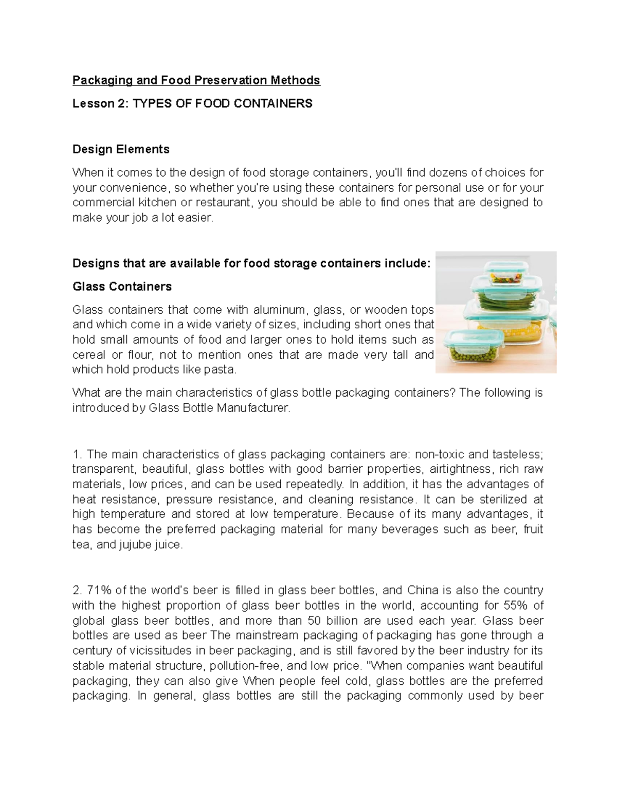 Unit 2 - Lesson 2: Types of Food Containers & Preservation Methods ...