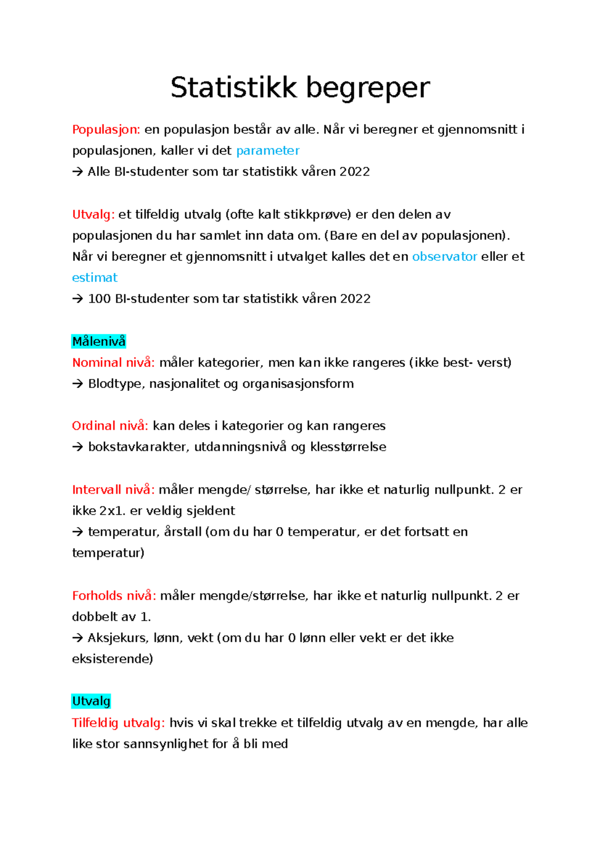 Statistikk Begreper: Populasjon, Utvalg og Målenivåer (Vår 2022) - Studocu