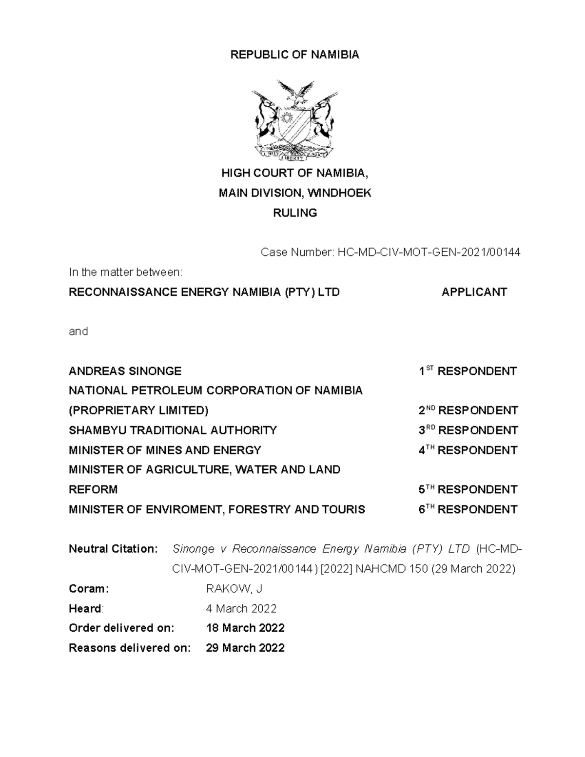 Recusal Application in Sinonge v Reconnaissance Energy Namibia - Studocu