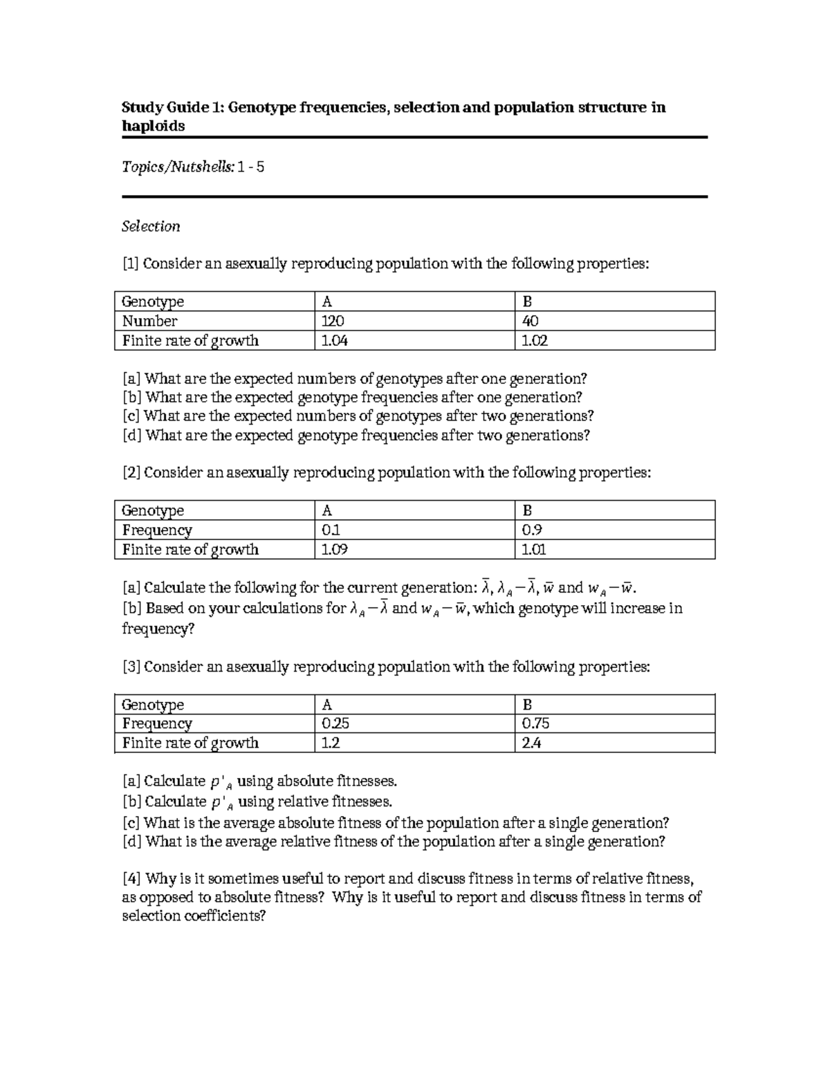 Study guide 1 - Study Guide 1: Genotype frequencies, selection and ...