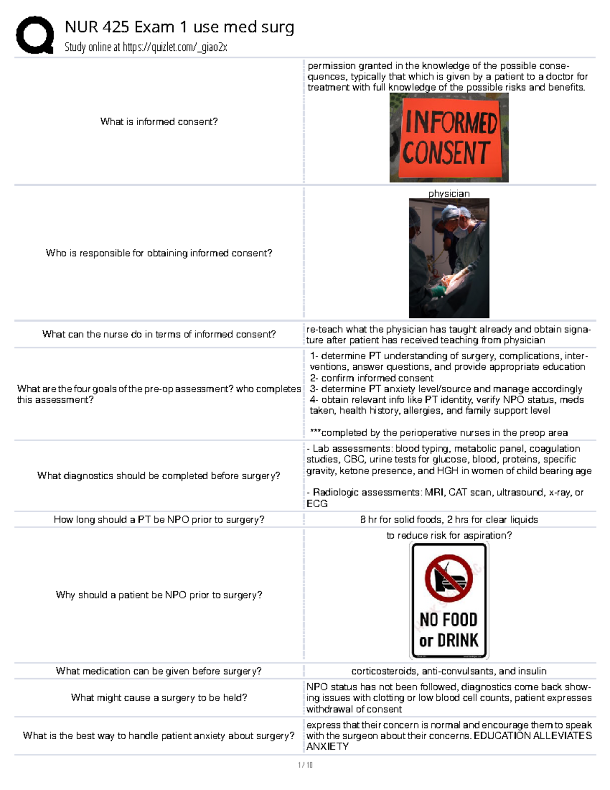 NUR 425 Exam 1 Study Guide: Informed Consent & Surgical Care - Studocu
