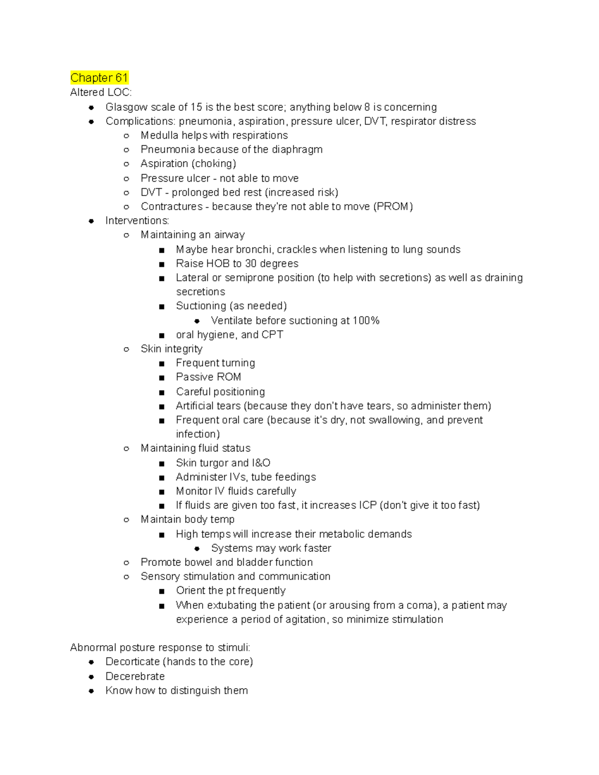 Med Surg Notes 2: Chapter 61 & 8 on LOC, ICP, Dementia, and Diabetes ...