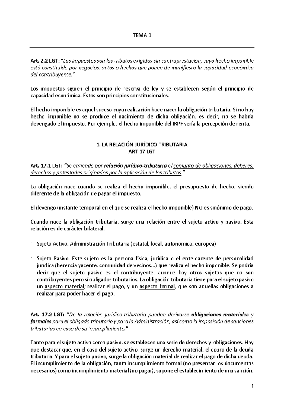 TEMA 1 OPT - Resumen de Conceptos Clave en Obligaciones Tributarias ...